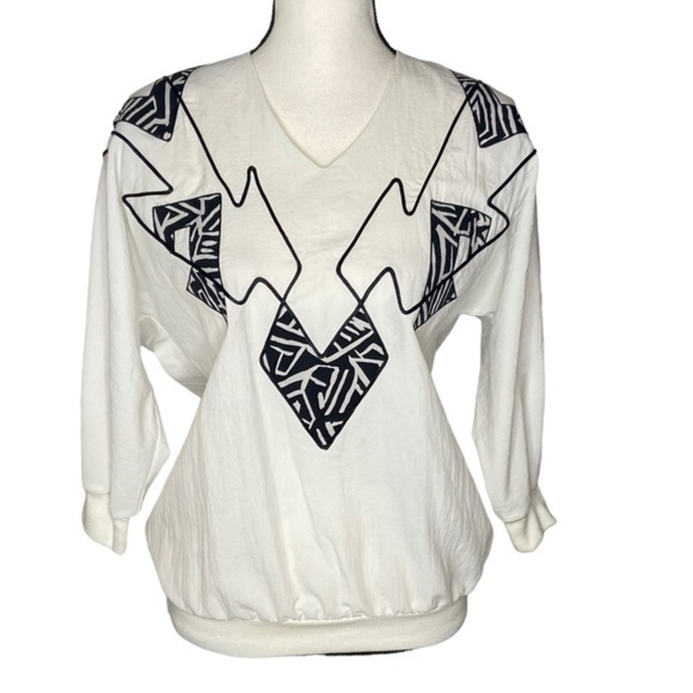 Vintage Jennigens Oversized Top White and Black Semi Sheer‎ Windbreaker V Neck